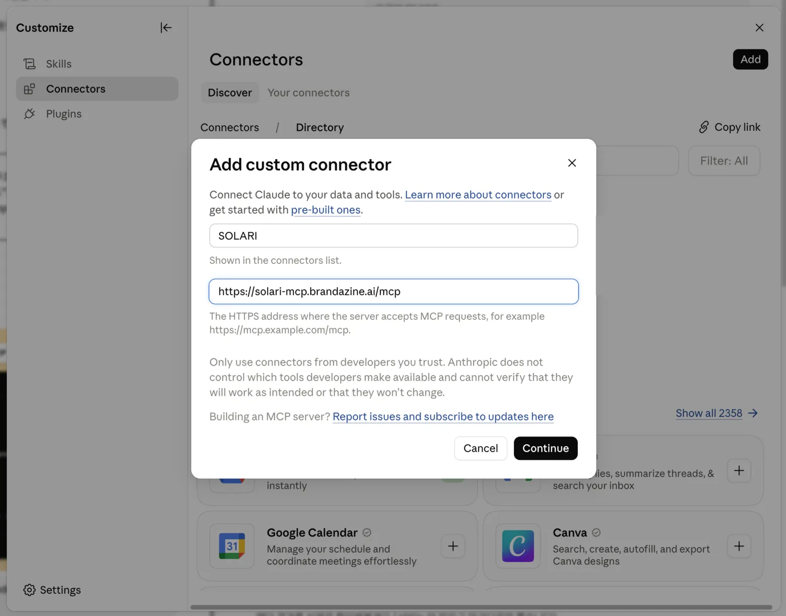 The Add custom connector dialog in Claude Desktop, with a name and the SOLARI MCP address filled in.