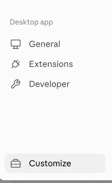 The Claude Desktop settings sidebar, with Customize at the bottom.